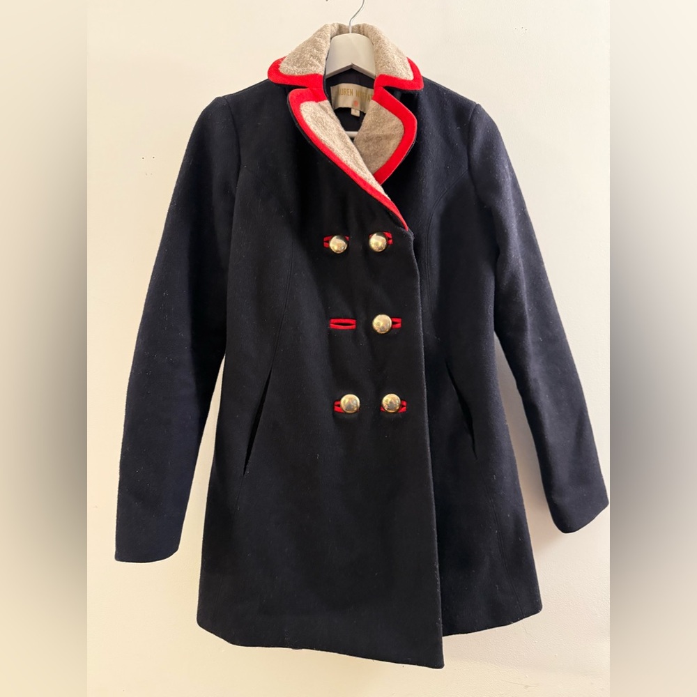 Lauren Moffatt double breasted wool coat. Navy with red trim and gold buttons